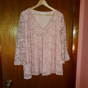Pink lace blouse, 3/4 bell sleeves, XL